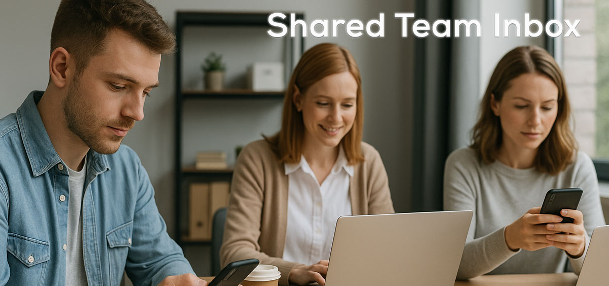 A diverse team collaborating in a modern office, looking at a shared messaging dashboard on a large screen.