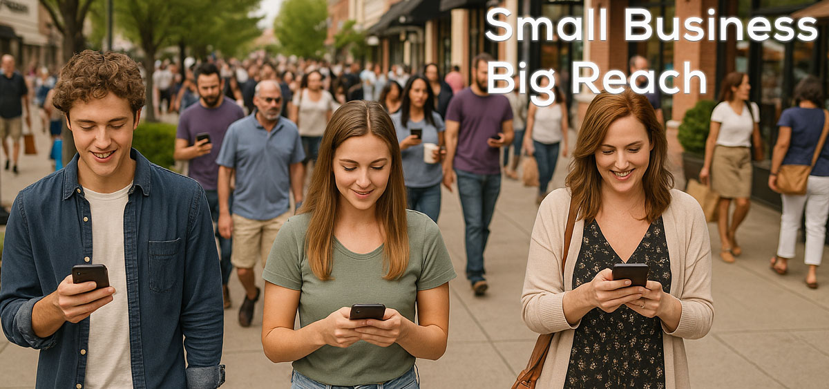 A customer standing outside a charming boutique bakery, happily looking at an SMS alert from the store on her phone.